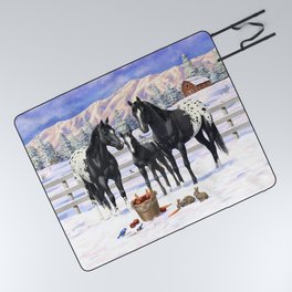 Black Appaloosa Horses In Winter Snow Picnic Blanket