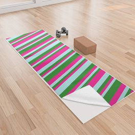 [ Thumbnail: Turquoise, Deep Pink, and Forest Green Colored Pattern of Stripes Yoga Towel ]