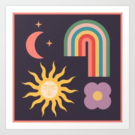Minimal geometric abstraction Rainbow, Flower, Sun and Moon  Art Print