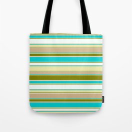 [ Thumbnail: Colorful Dark Turquoise, Pale Goldenrod, Green, Mint Cream & Tan Colored Lined/Striped Pattern Tote Bag ]