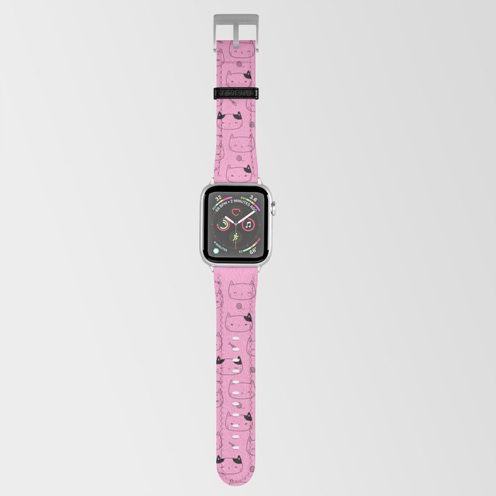 Pink and Black Doodle Kitten Faces Pattern Apple Watch Band