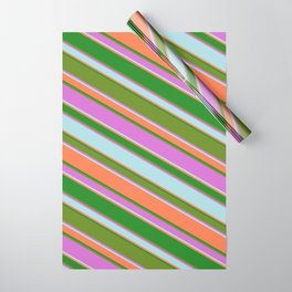 [ Thumbnail: Eyecatching Green, Orchid, Powder Blue, Coral & Forest Green Colored Lined Pattern Wrapping Paper ]