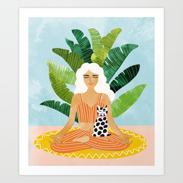 Meditation With Thy Cat Poster | Blonde Woman of Color | Tropical Banana Leaves Quirky Pet Workout  Art Print