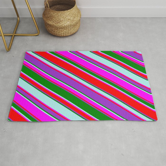 Eyecatching Fuchsia, Red, Dark Orchid, Green & Turquoise Colored Lined Pattern Rug