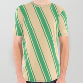 [ Thumbnail: Tan and Sea Green Colored Lines Pattern All Over Graphic Tee ]