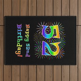[ Thumbnail: 52nd Birthday - Fun Rainbow Spectrum Gradient Pattern Text, Bursting Fireworks Inspired Background Outdoor Rug ]