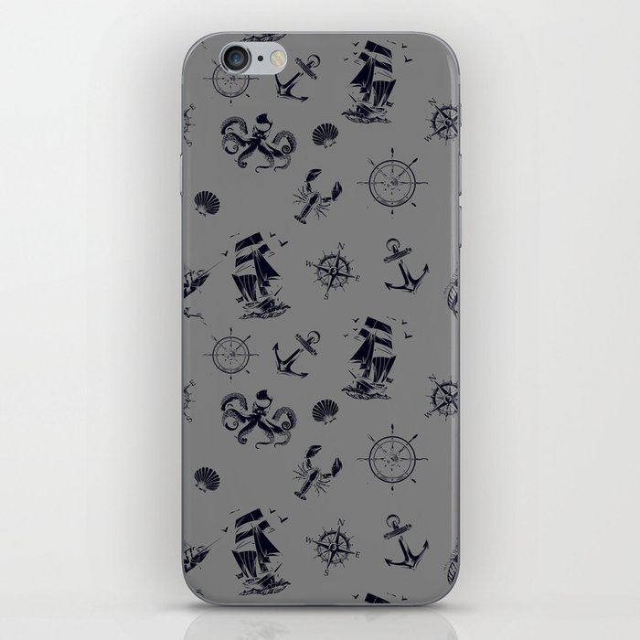 Grey And Blue Silhouettes Of Vintage Nautical Pattern iPhone Skin