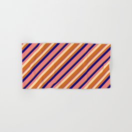 [ Thumbnail: Blue, Light Coral, Tan & Chocolate Colored Lined/Striped Pattern Hand & Bath Towel ]