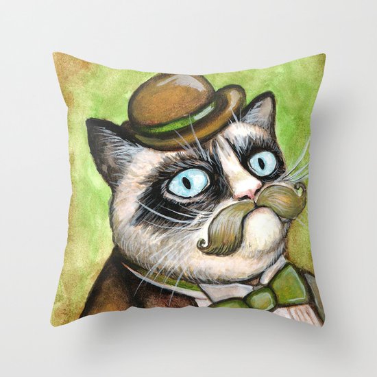 Dapper Grumpy Cat - Cats with Moustaches Throw Pillow