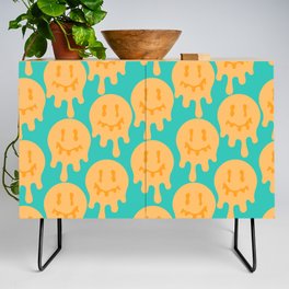 Melted Smiley Faces Trippy Seamless Pattern - Blue and Yellow Credenza