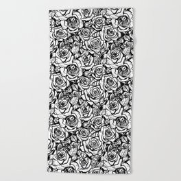 Rose Bush - Black and White Pattern Beach Towel