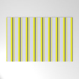 [ Thumbnail: Dim Grey, Yellow & Lavender Colored Striped Pattern Welcome Mat ]