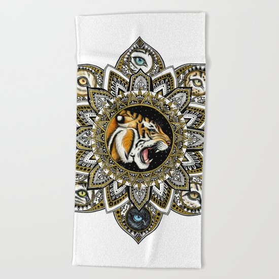 Black and Gold Roaring Tiger Mandala With 8 Cat Eyes Beach Towel