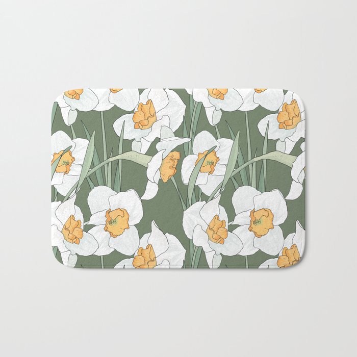 White daffodils on green background Bath Mat