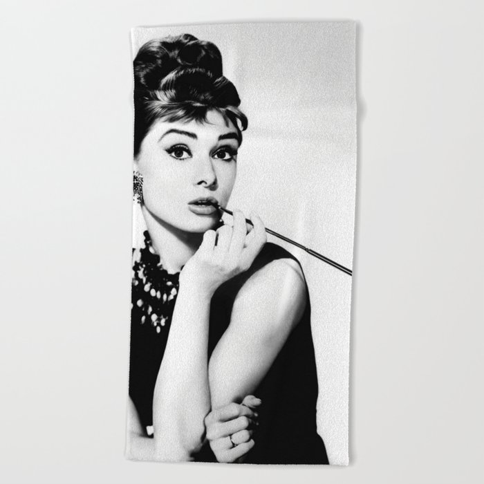 Audrey Hepburn Portrait, Black and White Vintage Art  Beach Towel