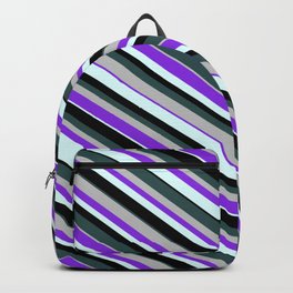 [ Thumbnail: Eye-catching Dark Slate Gray, Grey, Purple, Light Cyan, and Black Colored Lines Pattern Backpack ]