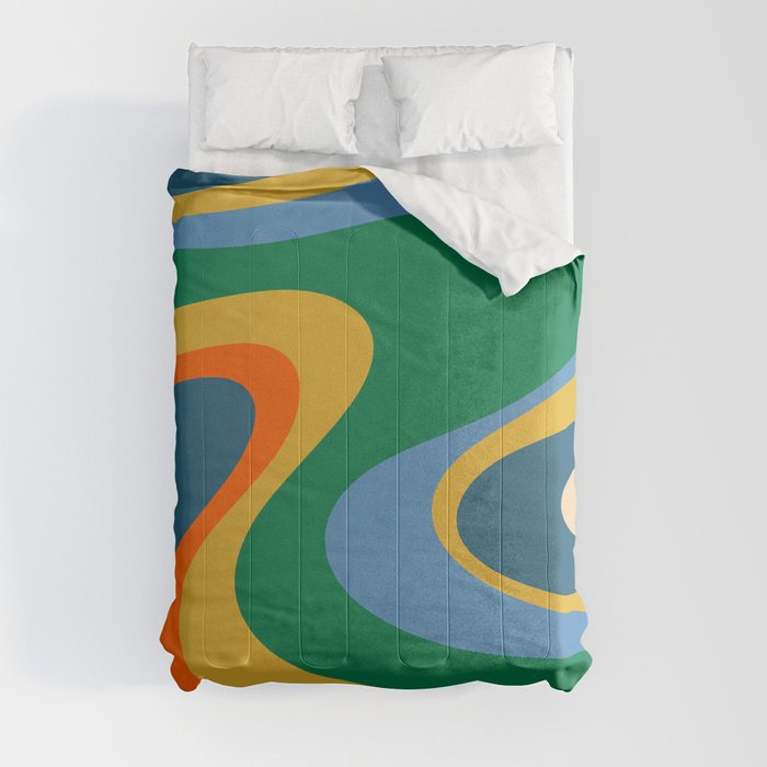 Trippy Dream Wave Machine Retro Abstract Multi Color Swirl Pattern Green Blue Mustard Orange Beige Comforter