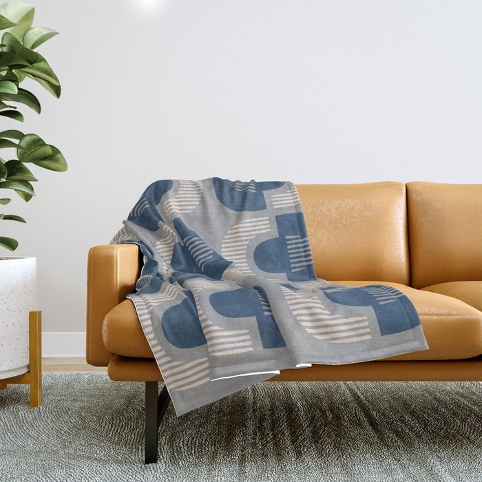 Retro Mid Century Modern Pattern 123 Blue Gray and Beige Throw Blanket