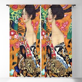 Lady with a fan with lotus flowers and red poppies portrait panting by Gustav Klimt Blackout Curtain