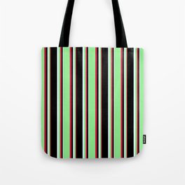 [ Thumbnail: Crimson, Light Green, Light Cyan, and Black Colored Pattern of Stripes Tote Bag ]
