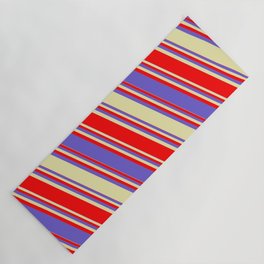[ Thumbnail: Red, Slate Blue, and Pale Goldenrod Colored Lined/Striped Pattern Yoga Mat ]