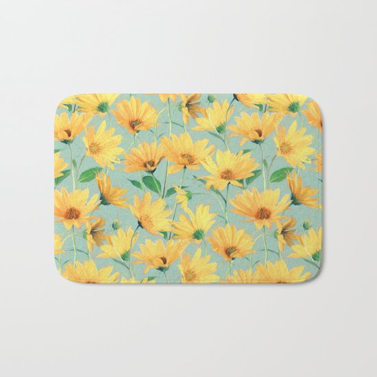 Painted Golden Yellow Daisies on soft sage green Bath Mat