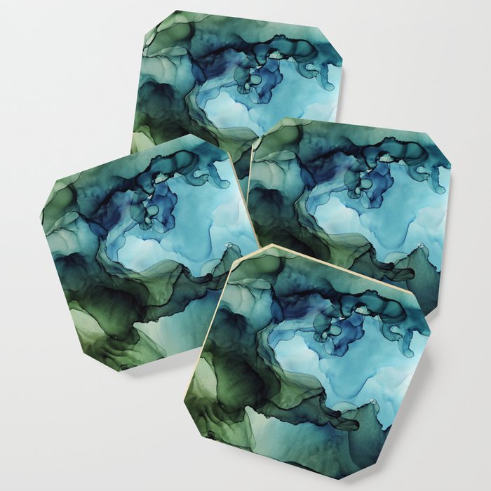 Land And Water Abstract Ink Painting Blues And Greens Coaster By