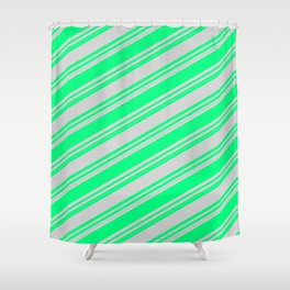 [ Thumbnail: Green and Light Gray Colored Striped Pattern Shower Curtain ]