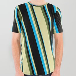 [ Thumbnail: Dark Olive Green, Pale Goldenrod, Deep Sky Blue, and Black Colored Pattern of Stripes All Over Graphic Tee ]