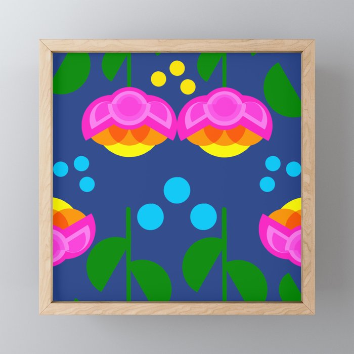 Tulip Time Colorful Spring Garden Big Modern Scandi Flowers And Dots Geo Hot Pink And Orange Floral Pattern With Yellow And Turquoise On Navy Blue Framed Mini Art Print