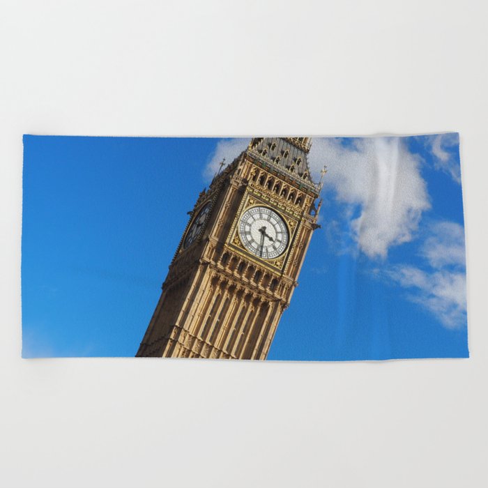 Great Britain Photography - Big Ben Under The Blue Slightly Clouded Sky Beach Towel