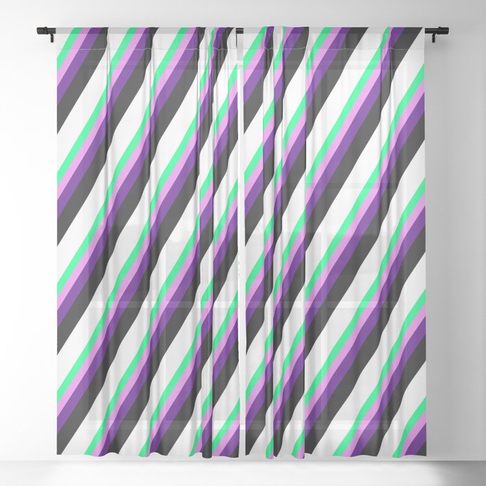 Vibrant Green, Violet, Indigo, Black, and White Colored Striped/Lined Pattern Sheer Curtain