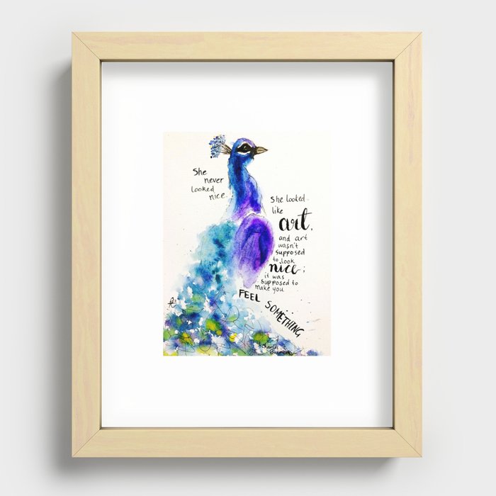 Watercolour Peacock Charles Bukowski quote "She never looked nice..." Recessed Framed Print