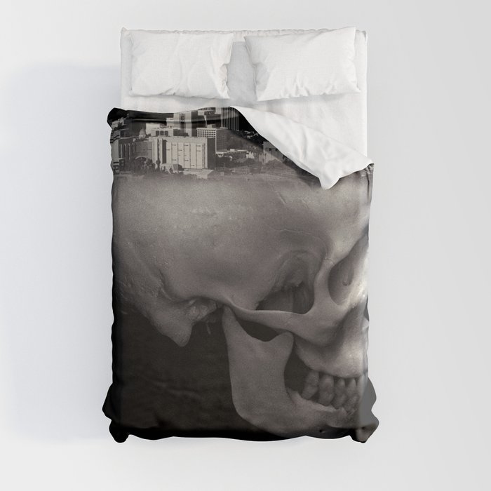 Urban Skull Horror Black and White City Duvet Cover