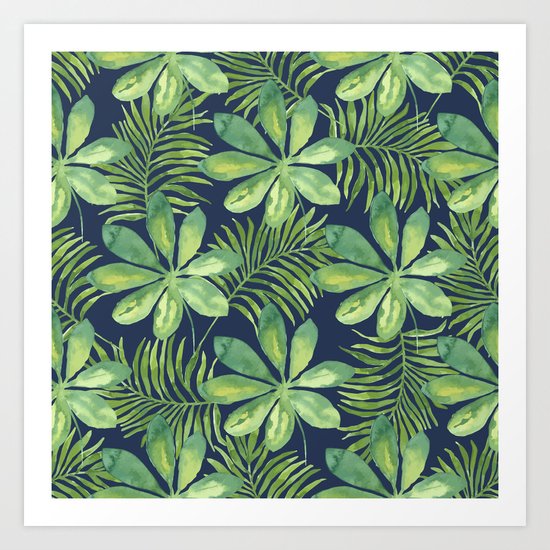 Tropical Branches Pattern on Dark 01 Art Print