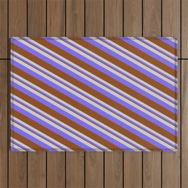 [ Thumbnail: Light Gray, Medium Slate Blue & Brown Colored Pattern of Stripes Outdoor Rug ]