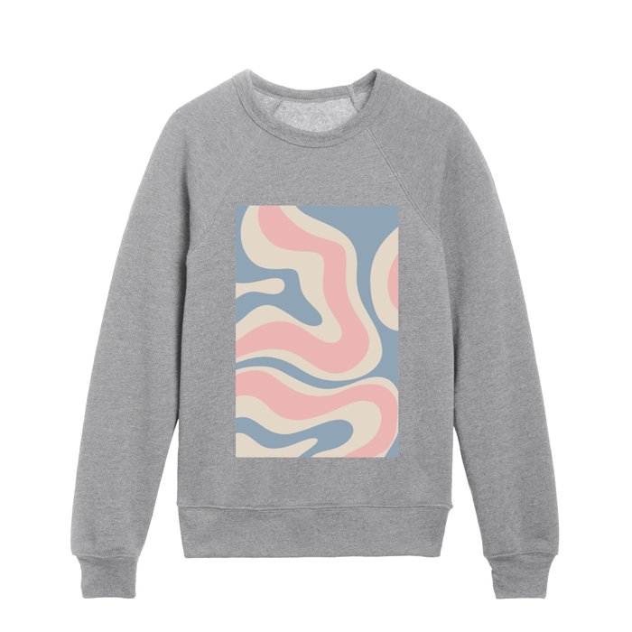 Modern Retro Liquid Swirl Abstract Pattern Square in Light Blue and Pink Kids Crewneck