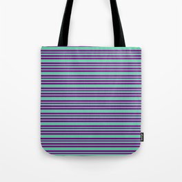 [ Thumbnail: Aquamarine & Purple Colored Striped/Lined Pattern Tote Bag ]