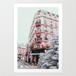 Winter in the City with Pink Building  Art Print