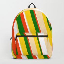 [ Thumbnail: Eye-catching Yellow, Beige, White, Red & Green Colored Pattern of Stripes Backpack ]