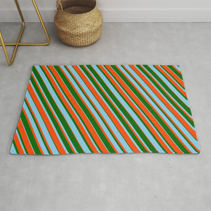 Dark Green, Sky Blue, and Red Colored Striped Pattern Rug