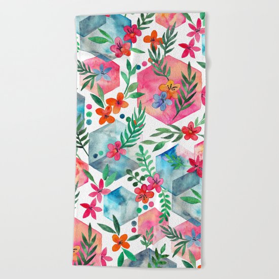 Whimsical Hexagon Garden on white Beach Towel