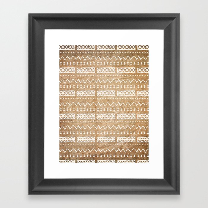 Tan Brown and White Bow Tie Zig Zag Mud Cloth Pattern Framed Art Print