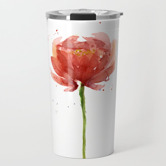 Red Flower Watercolor Floral Painting Travel Mug