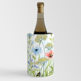 Floral Watercolor Botanical Cottage Garden Flowers Bees Nature Art Wine Chiller