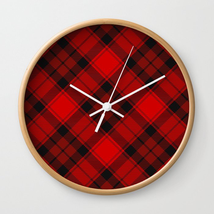 Red Tartan with Diagonal Dark Red and Black Stripes Wall Clock
