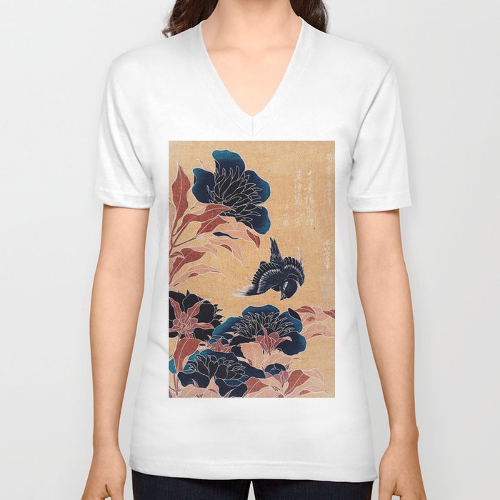 Peonies and Canary by Katsushika Hokusai : japanese flowers : Nocturnal Blooms: Midnight Blue  V Neck T Shirt