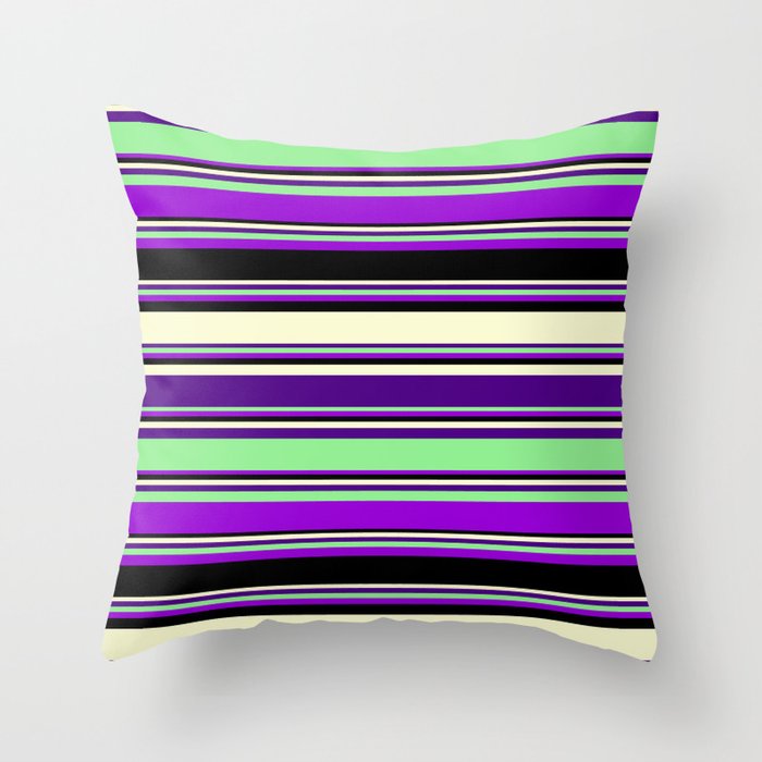 Eyecatching Light Yellow, Indigo, Light Green, Dark Violet & Black Colored Stripes/Lines Pattern Throw Pillow