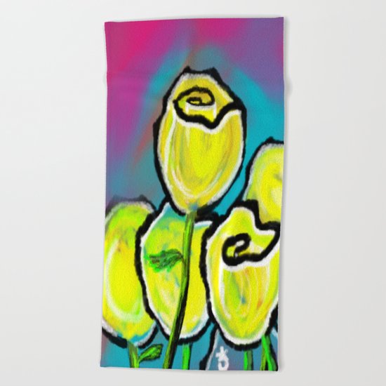 Colorful Yellow Rose Flowers with Purple Blue and Green Beach Towel