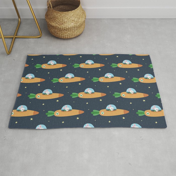 Space bunny and its carrot rocket Rug